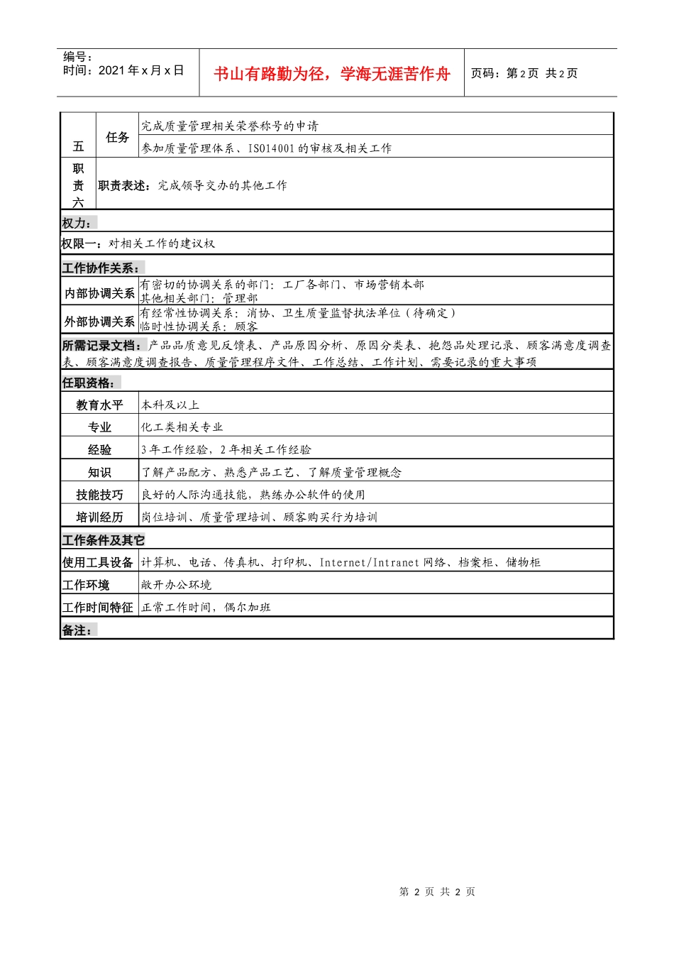 化妆品公司顾客抱怨处理及iso管理岗岗位说明书_第2页
