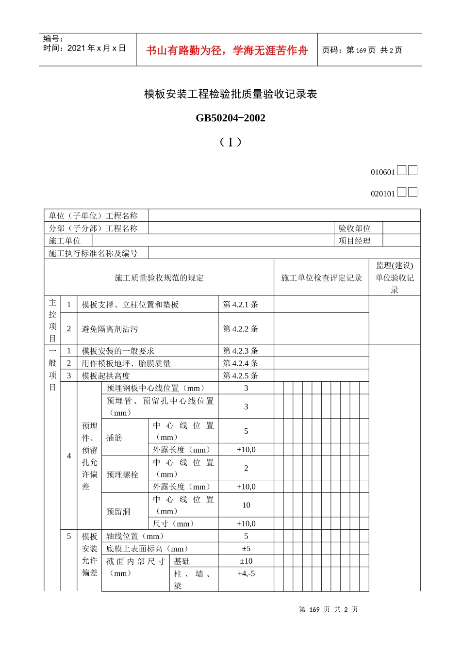 模板安装工程检验批质量验收记录表Ⅰ_第1页