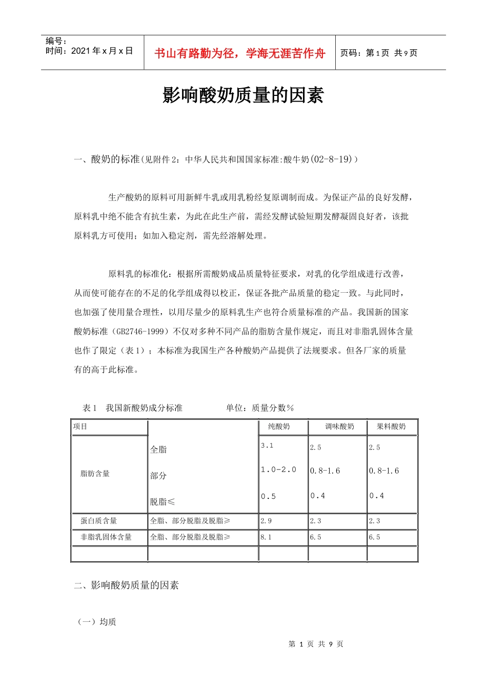 影响酸奶质量的因素研讨_第1页