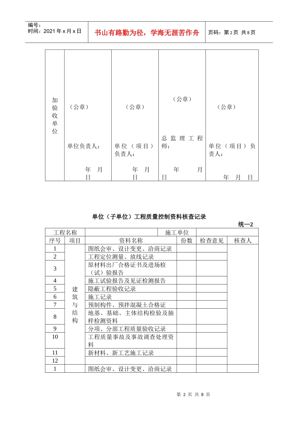 单位工程质量竣工验收记录表(doc 8页)_第2页