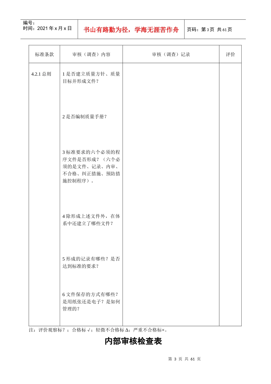 质量内部审核检查表_第3页