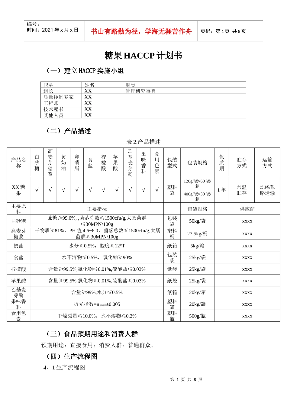 HACCP计划书(糖果)_第1页