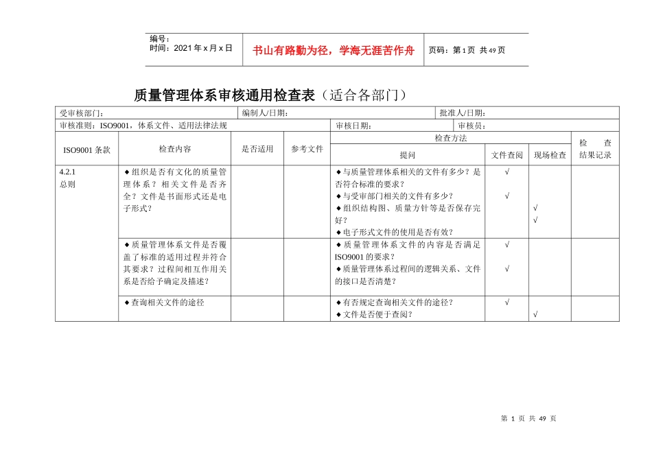 iso9001质量管理体系审核通用检查表(适合各部门)[推荐]_第1页