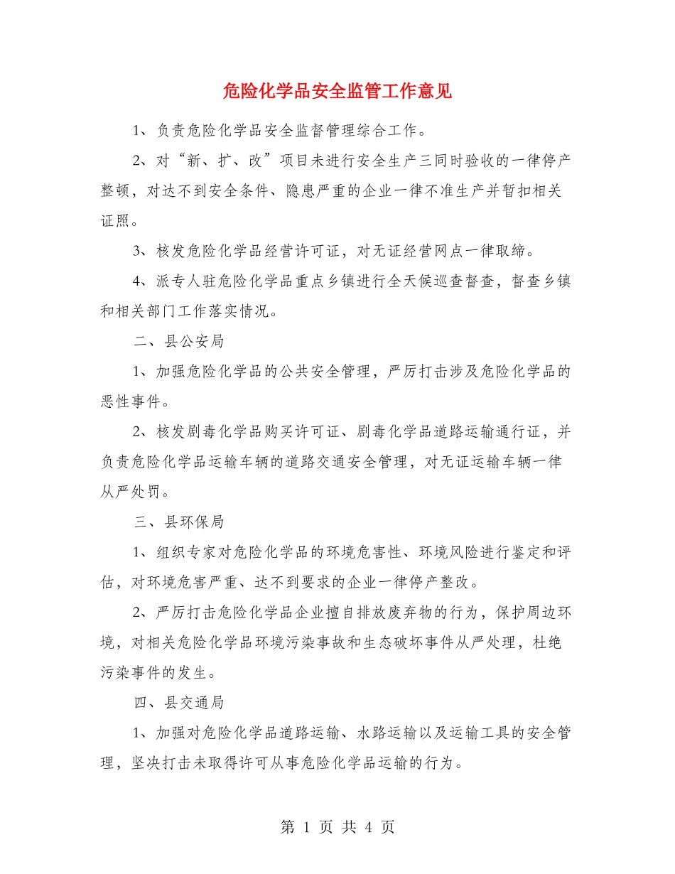 危险化学品安全监管工作意见_第1页