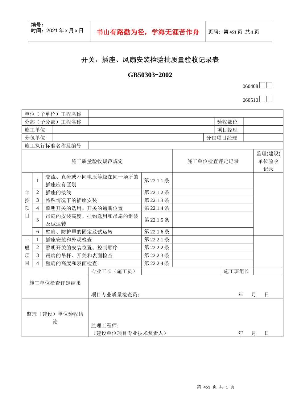 开关、插座、风扇安装检验批质量验收记录表_第1页
