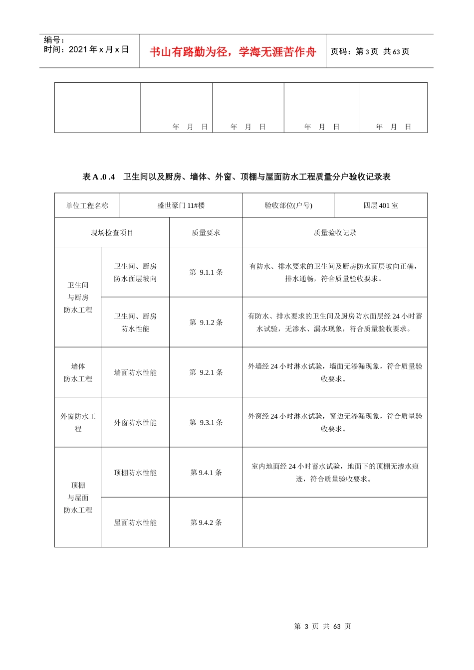 墙体、外窗、顶棚与屋面防水工程质量分户验收记录表_第3页