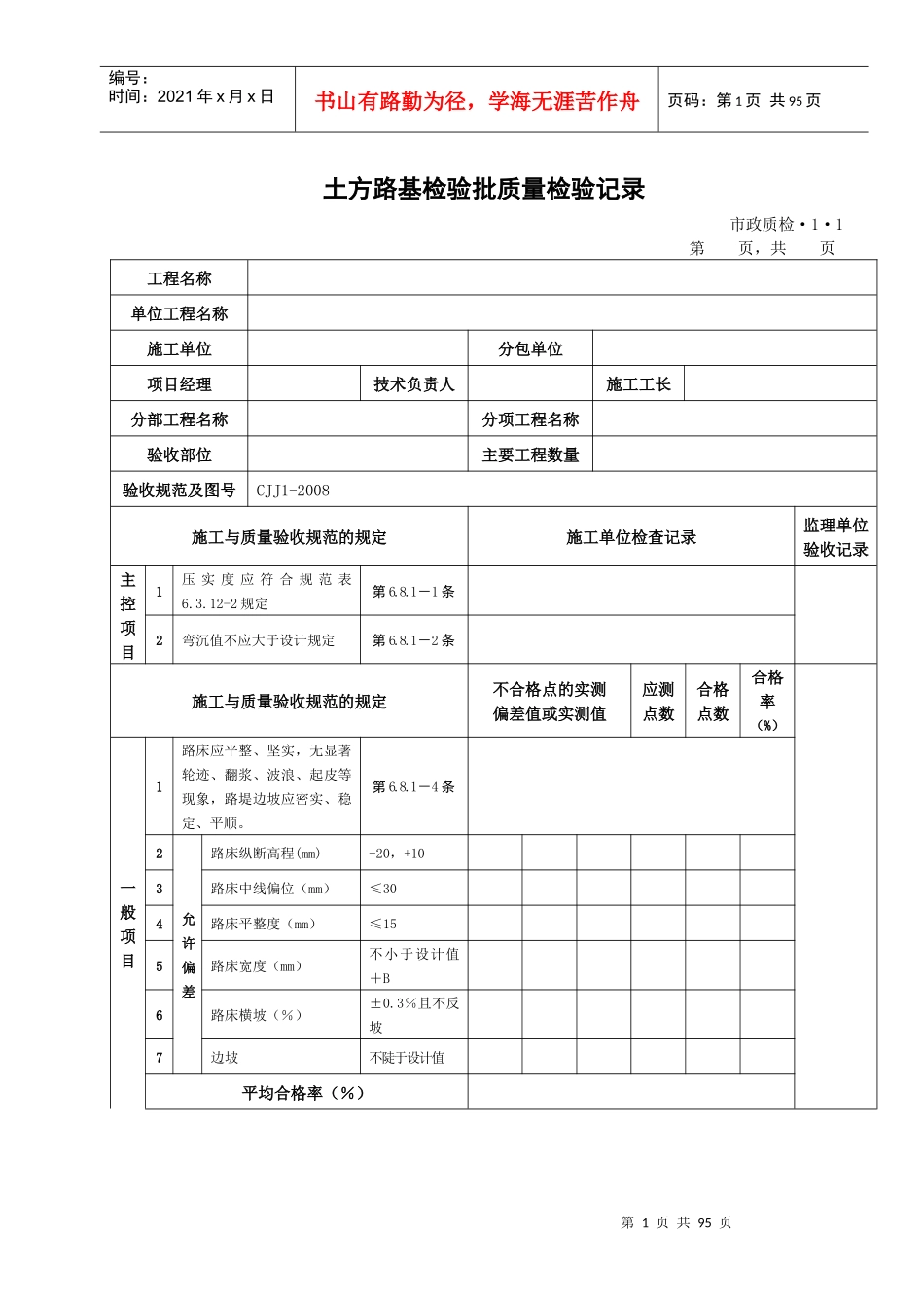 市政道路工程检验批质量检验记录表格全套_第1页