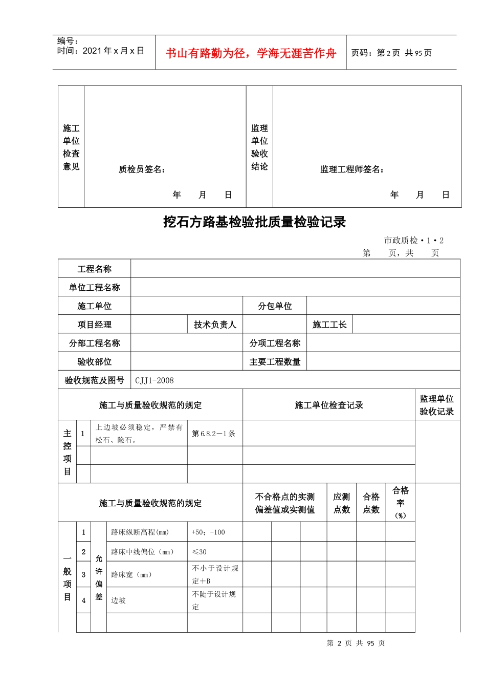 市政道路工程检验批质量检验记录表格全套_第2页