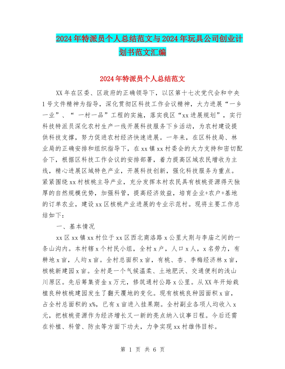 2024年特派员个人总结范文与2024年玩具公司创业计划书范文汇编_第1页