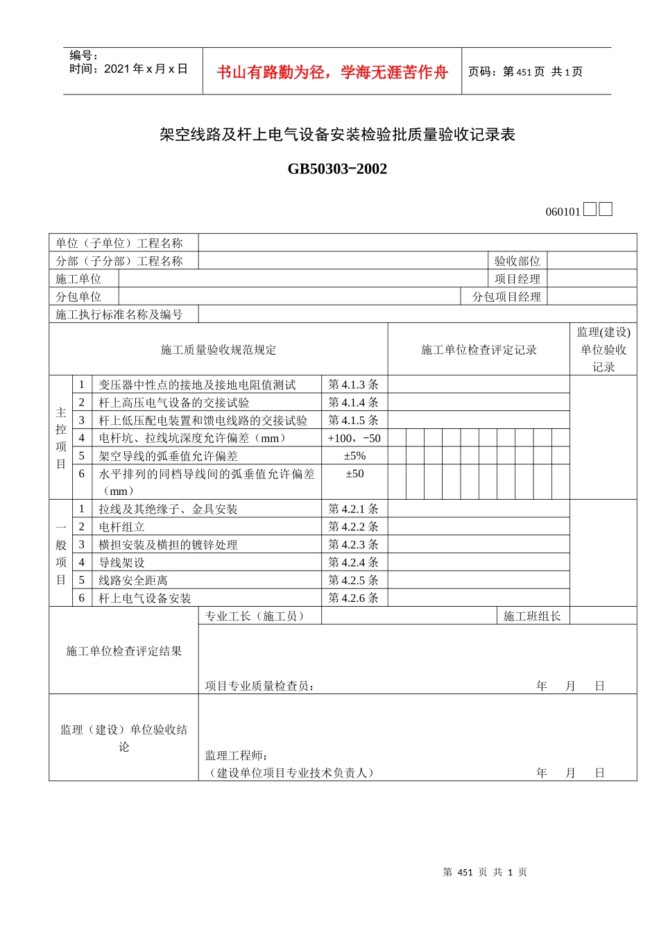 架空线路及杆上电气设备安装检验批质量验收记录表01_第1页