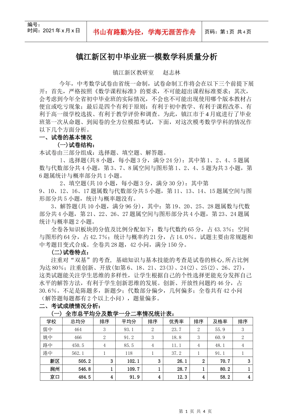 镇江新区初中毕业班一模数学科质量分析_第1页