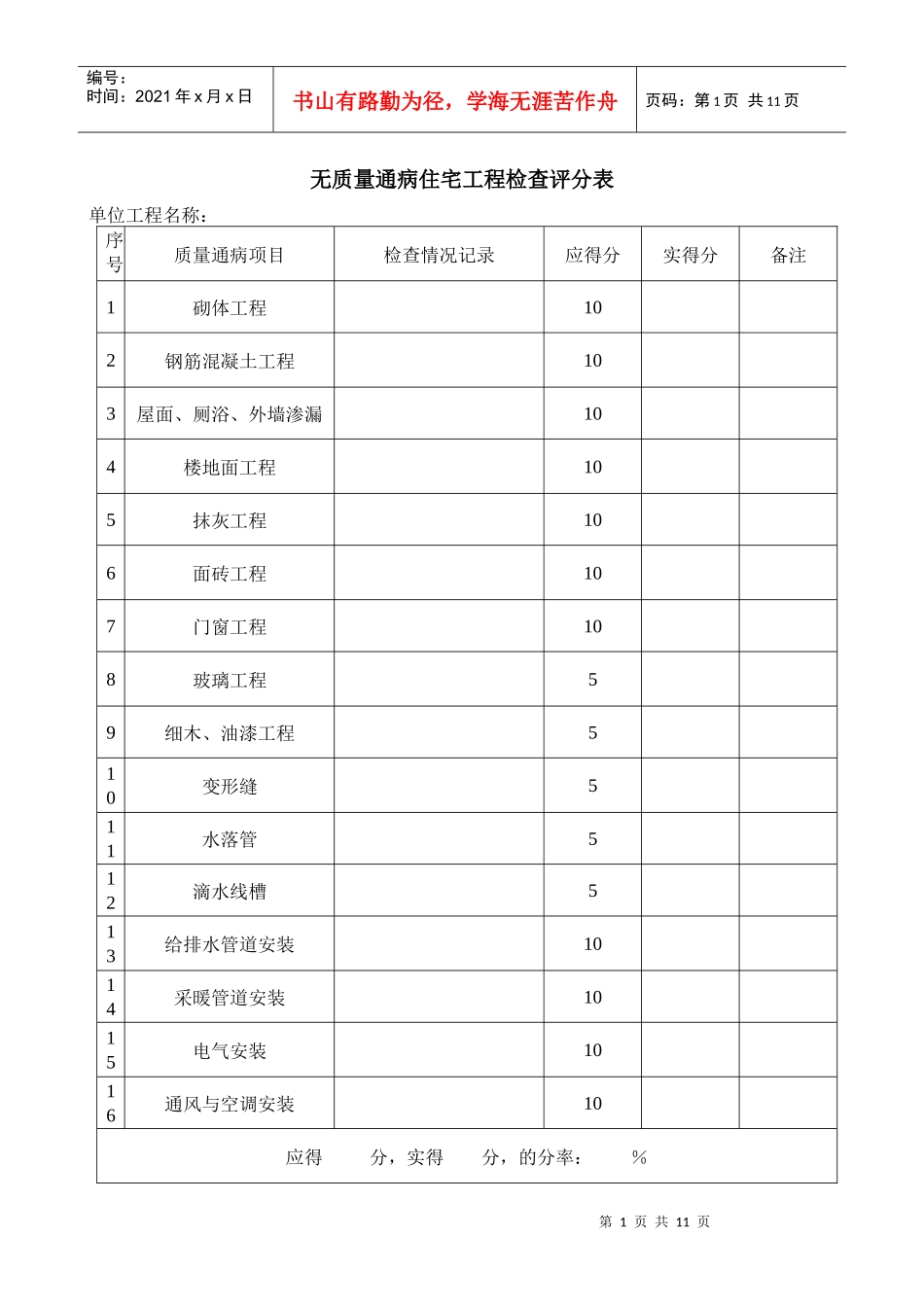 无质量通病住宅工程检查评分表及质量通病消除情况表_第1页