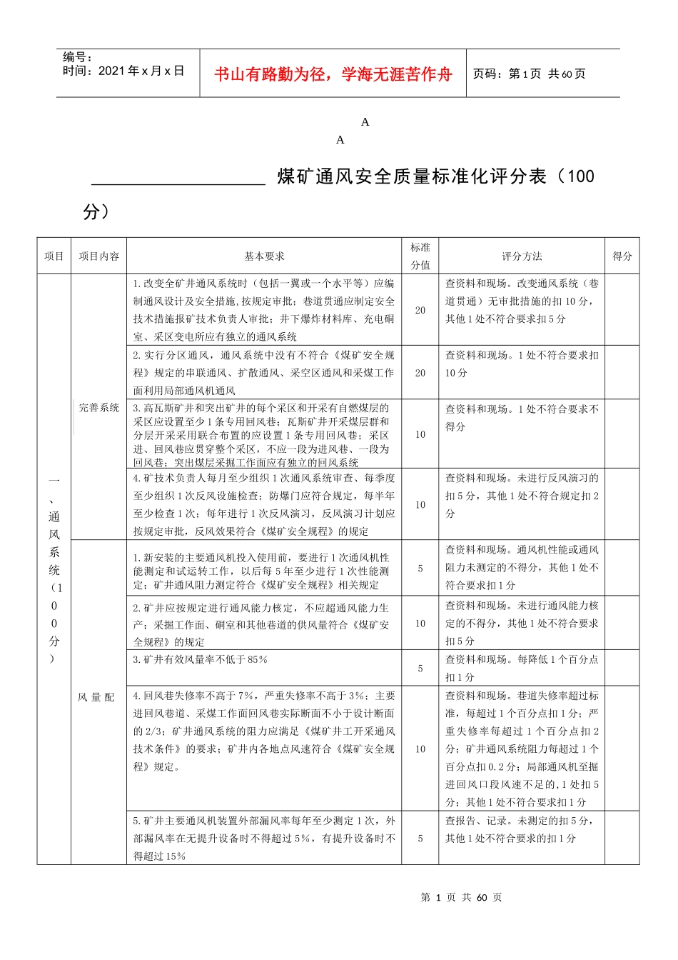 煤矿通风安全质量标准化评分表_第1页