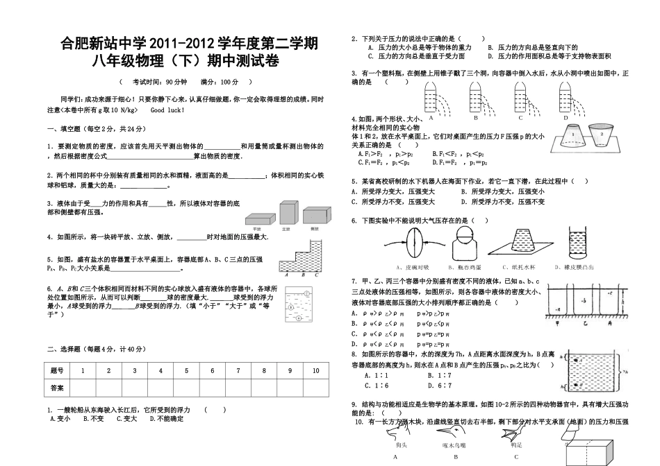 新站中学八年级物理下期中试卷_第1页