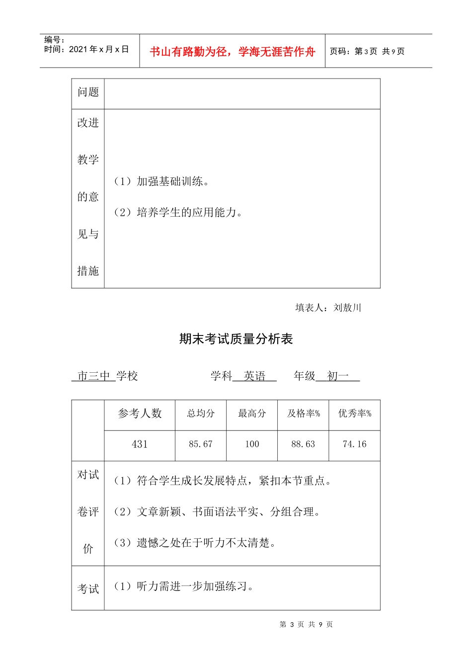 XXXX期末考试质量分析表_第3页