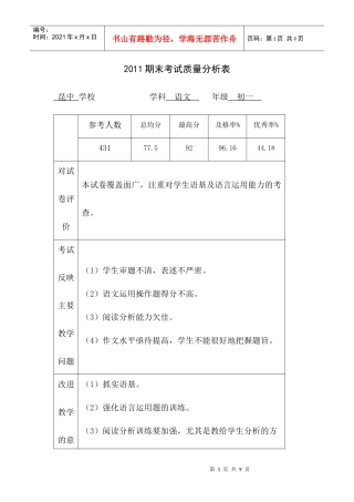 XXXX期末考试质量分析表