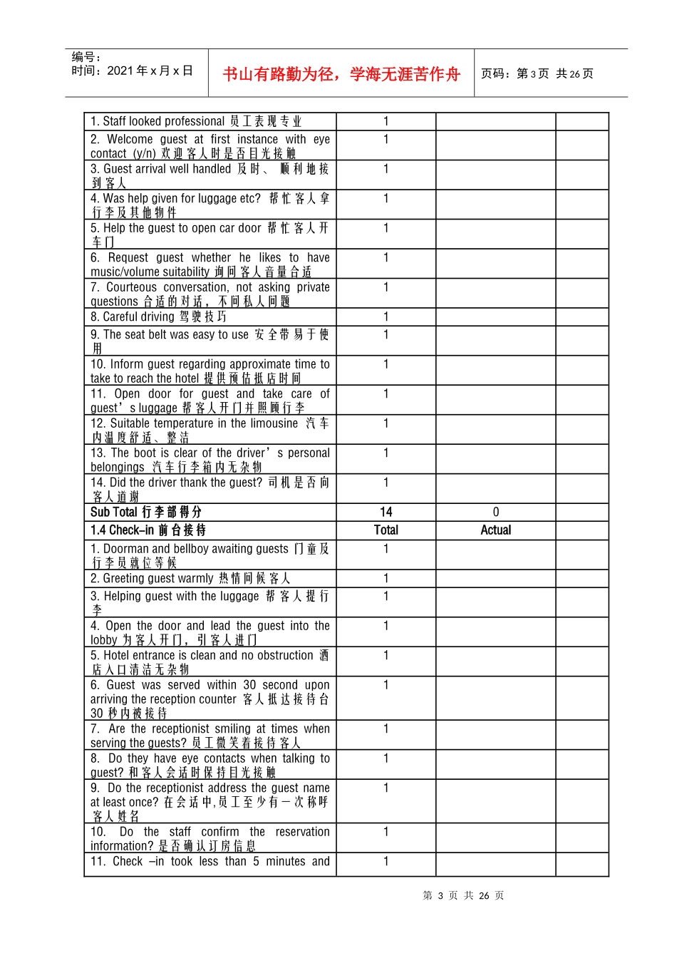 酒店管理导论酒店品质检查细则评分表(中英文)_第3页