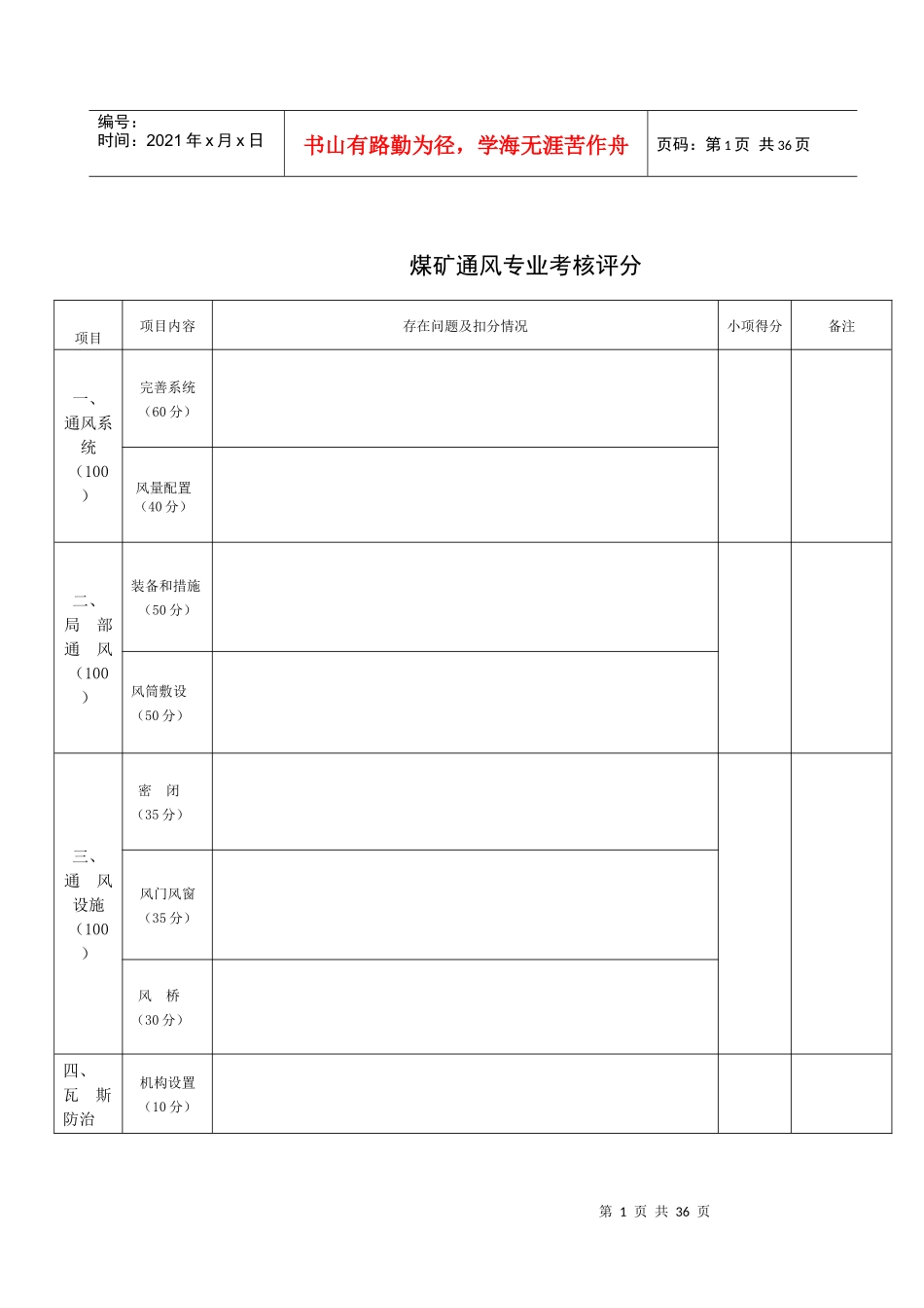 煤矿月度质量标准化自检表_第1页