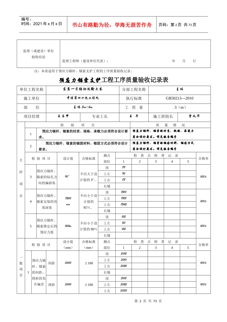 2、预应力锚杆、锚索支护工程工序质量验收记录表_第2页