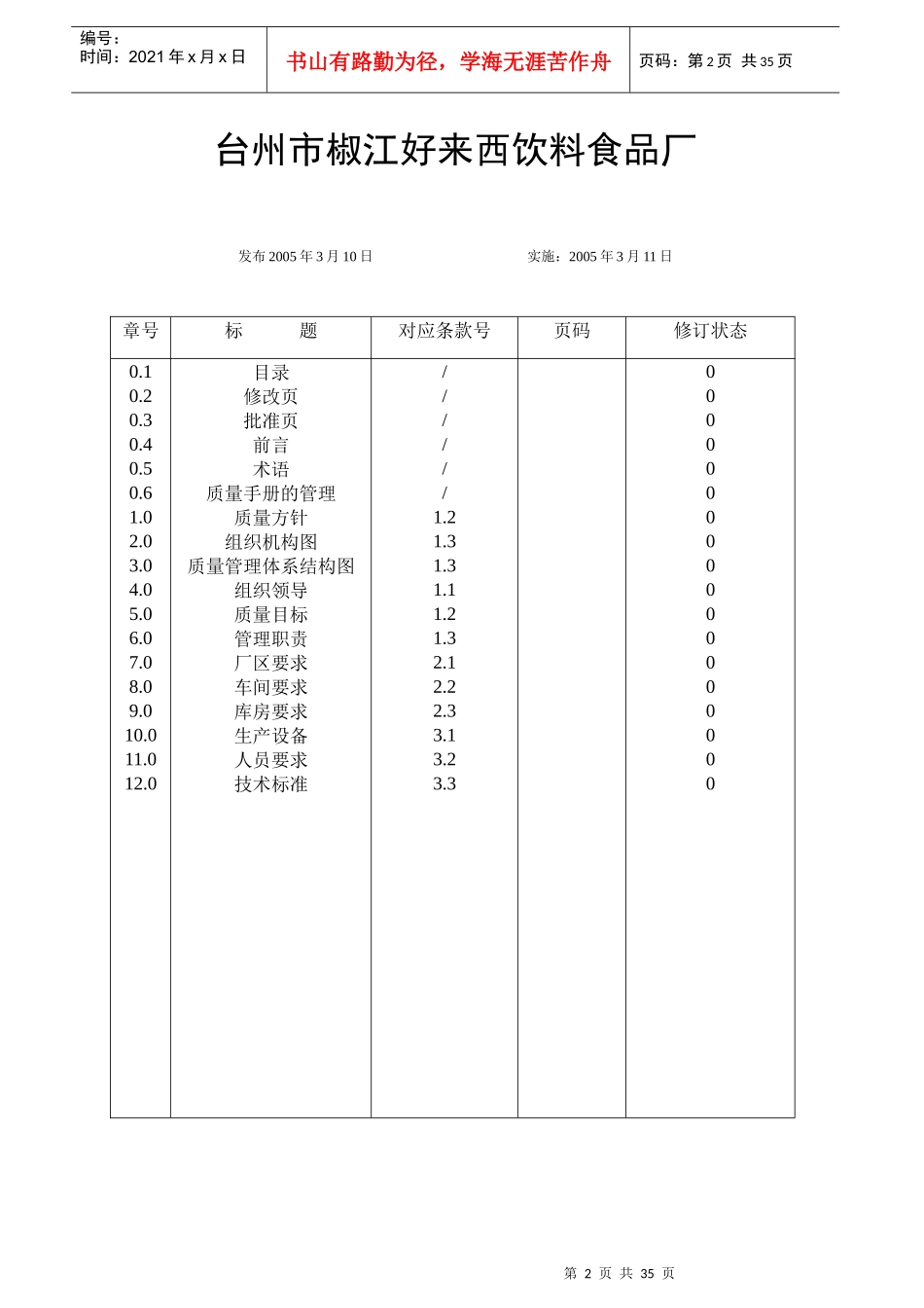 台州市椒江好来西饮料食品厂质量手册--给我爱_第2页