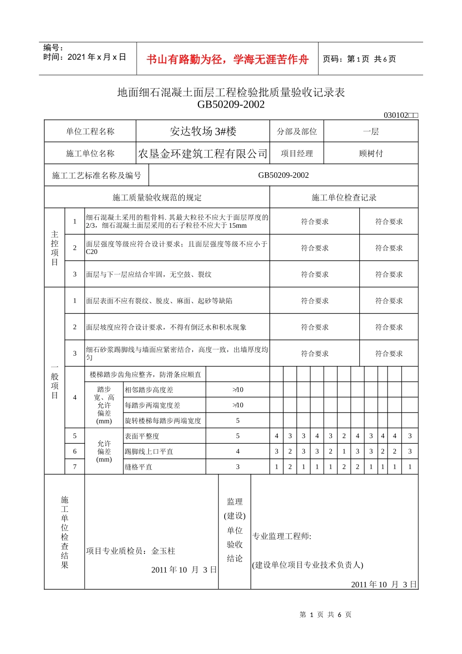 地面水泥混凝土面层工程检验批质量验收记录表_第1页