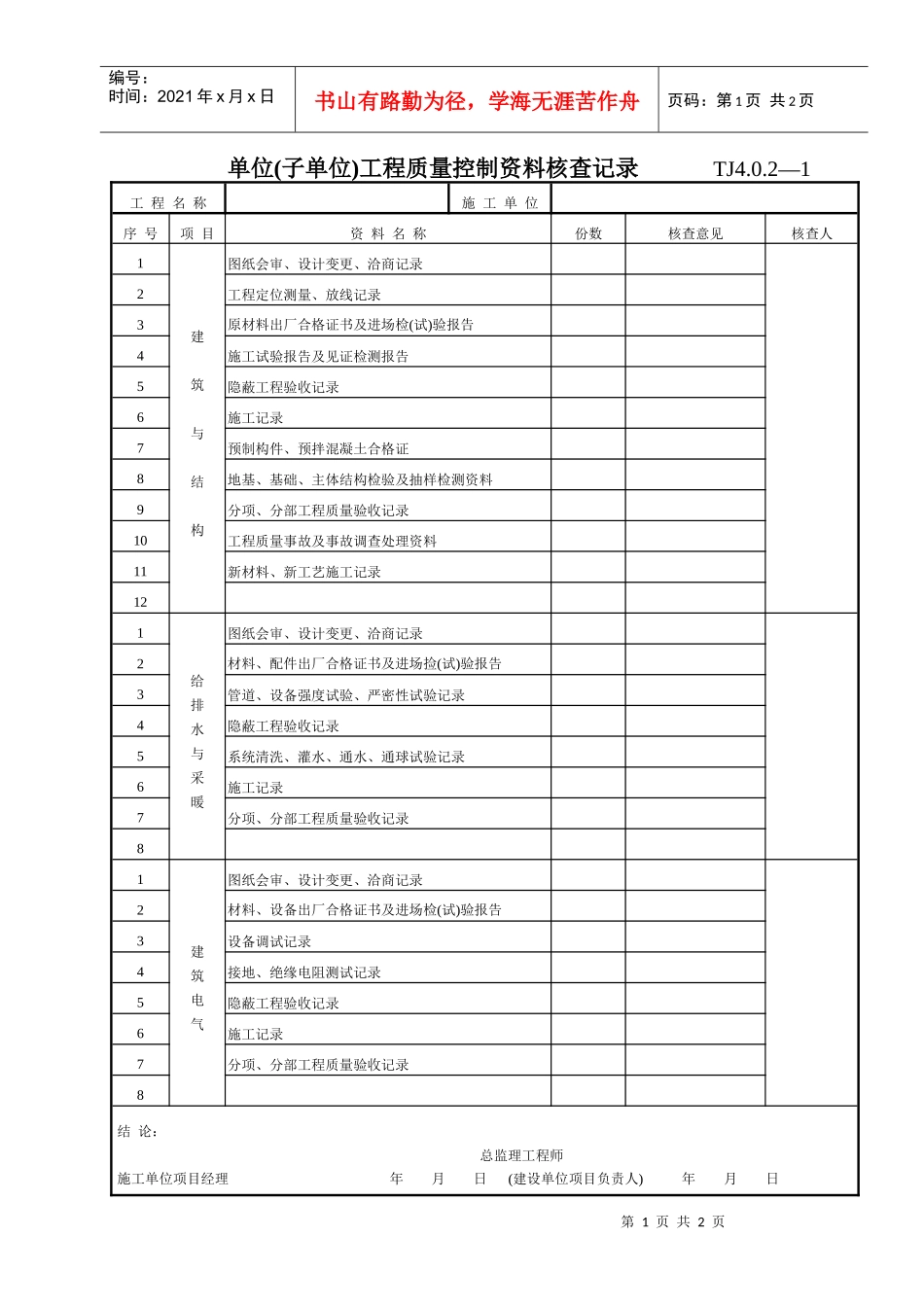 037 单位（子单位）工程质量控制资料核查记录 TJ4-0-2-1_第1页