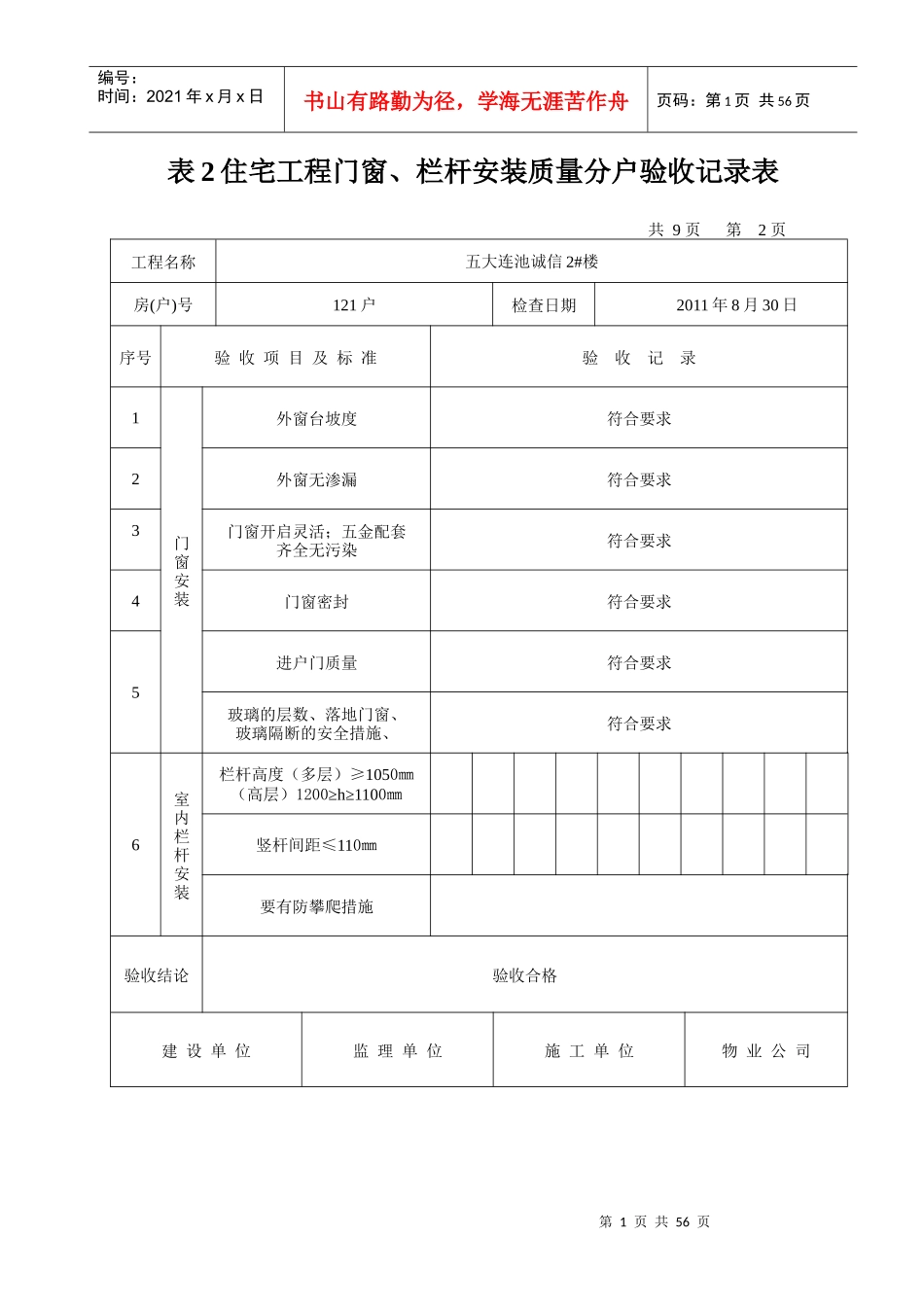 住宅工程门窗、栏杆安装质量分户验收记录表(表2)_第1页