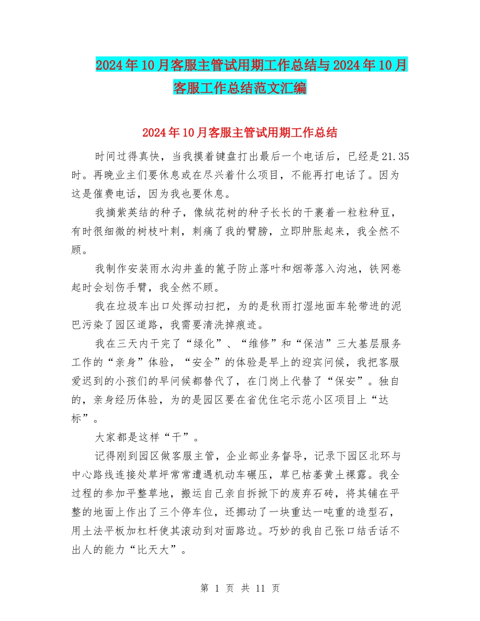 2024年10月客服主管试用期工作总结与2024年10月客服工作总结范文汇编_第1页
