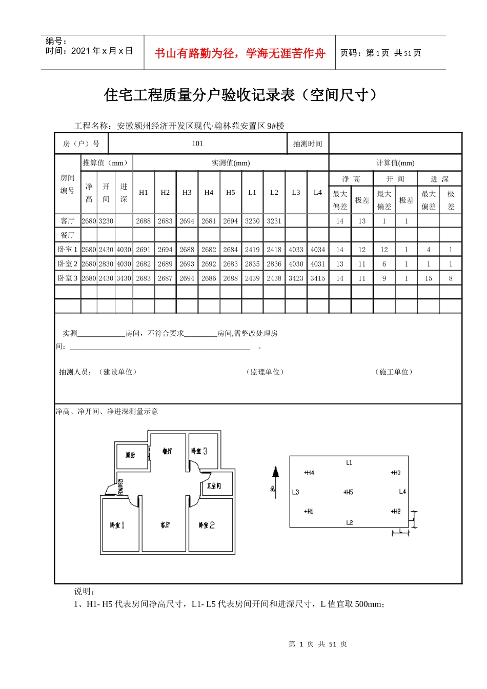 住宅工程质量分户验收记录表(空间尺寸)_第1页