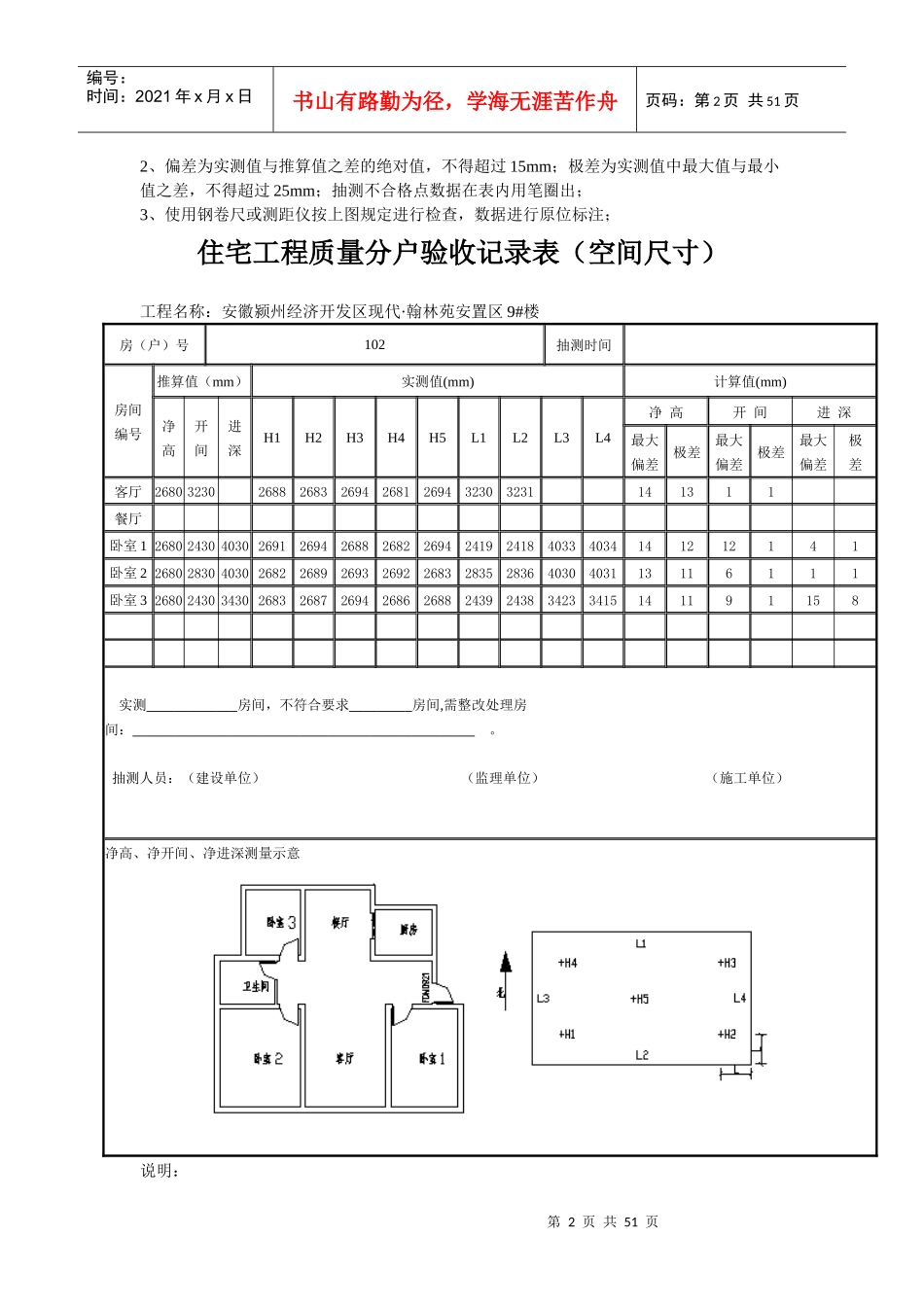 住宅工程质量分户验收记录表(空间尺寸)_第2页