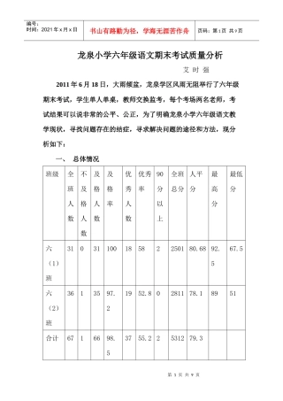 龙泉小学六年级语文期末考试质量分析