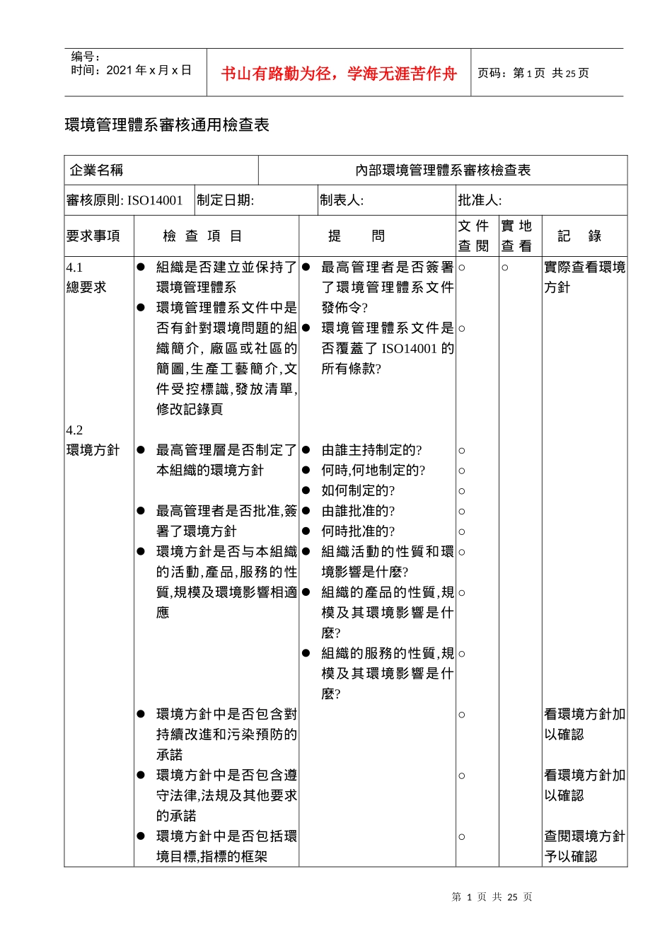 查检表ISO14001要素(doc 24)--环境管理体系审核通用检查表(1)_第1页