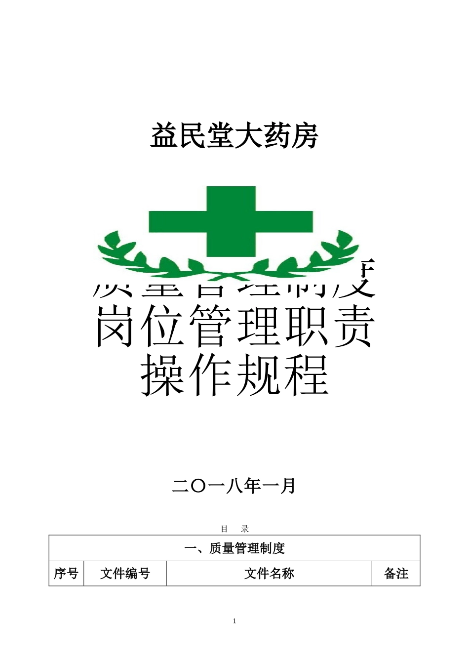2018年益民堂大药房质量管理制度、岗位职责、操作规程等(DOC57页)_第1页