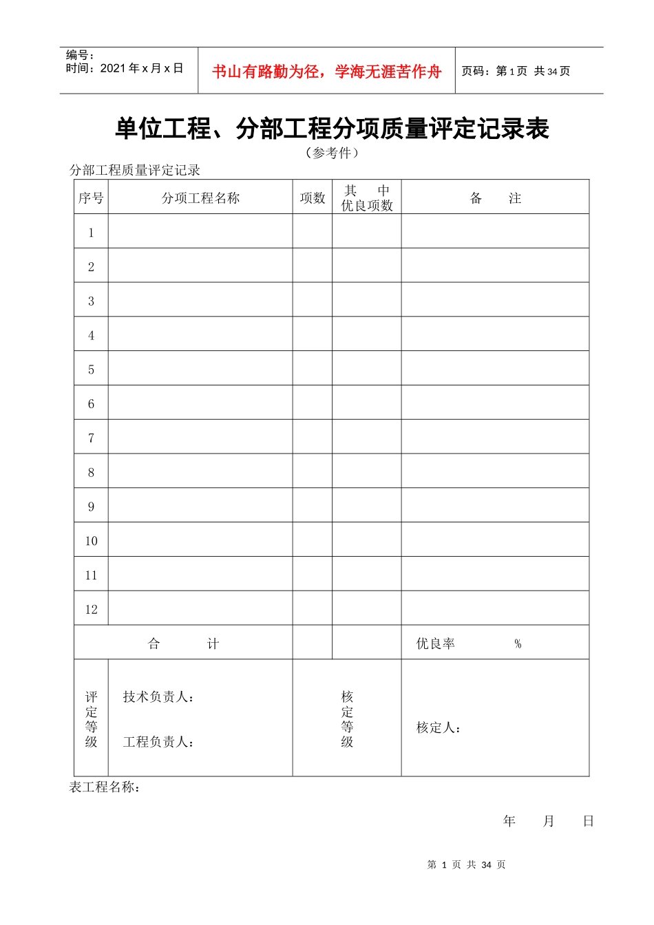 单位工程、分部工程分项质量评定记录表_第1页