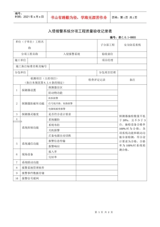 入侵报警系统分项工程质量验收记录表