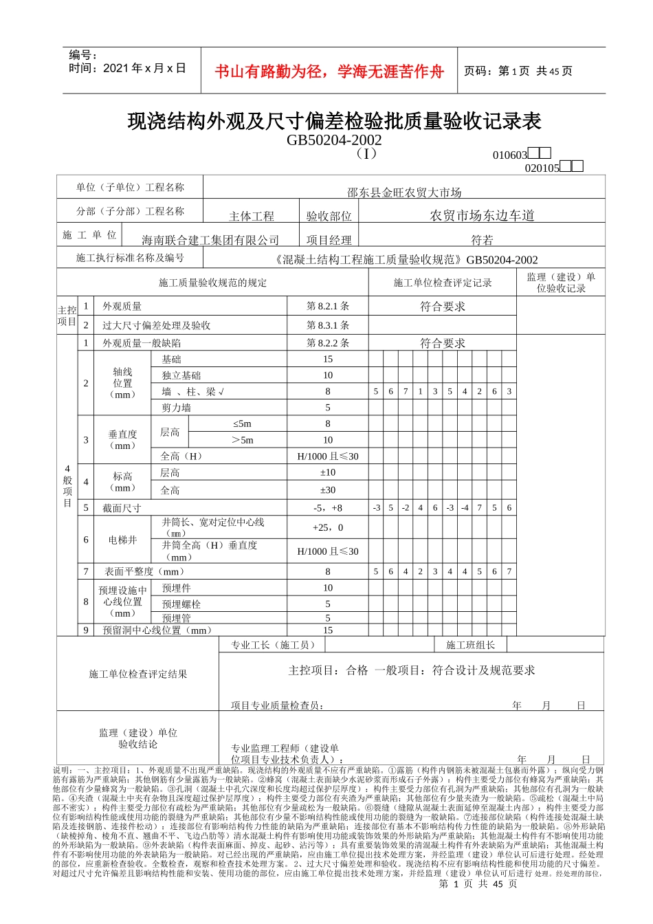 现浇结构外观尺寸偏差及封锚检验批质量验收记录表_第1页