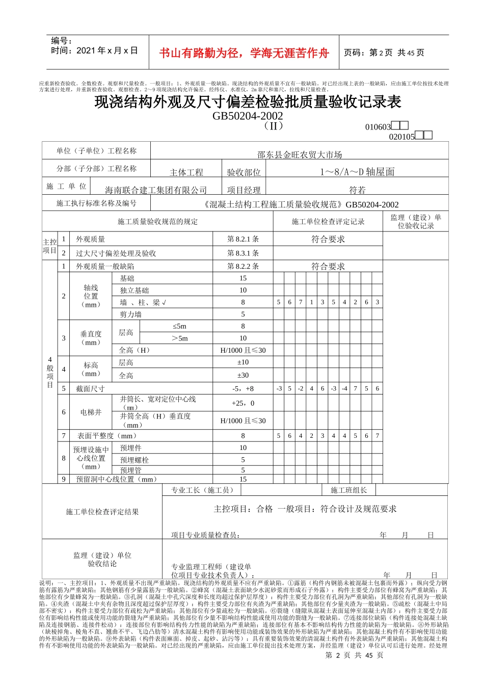 现浇结构外观尺寸偏差及封锚检验批质量验收记录表_第2页