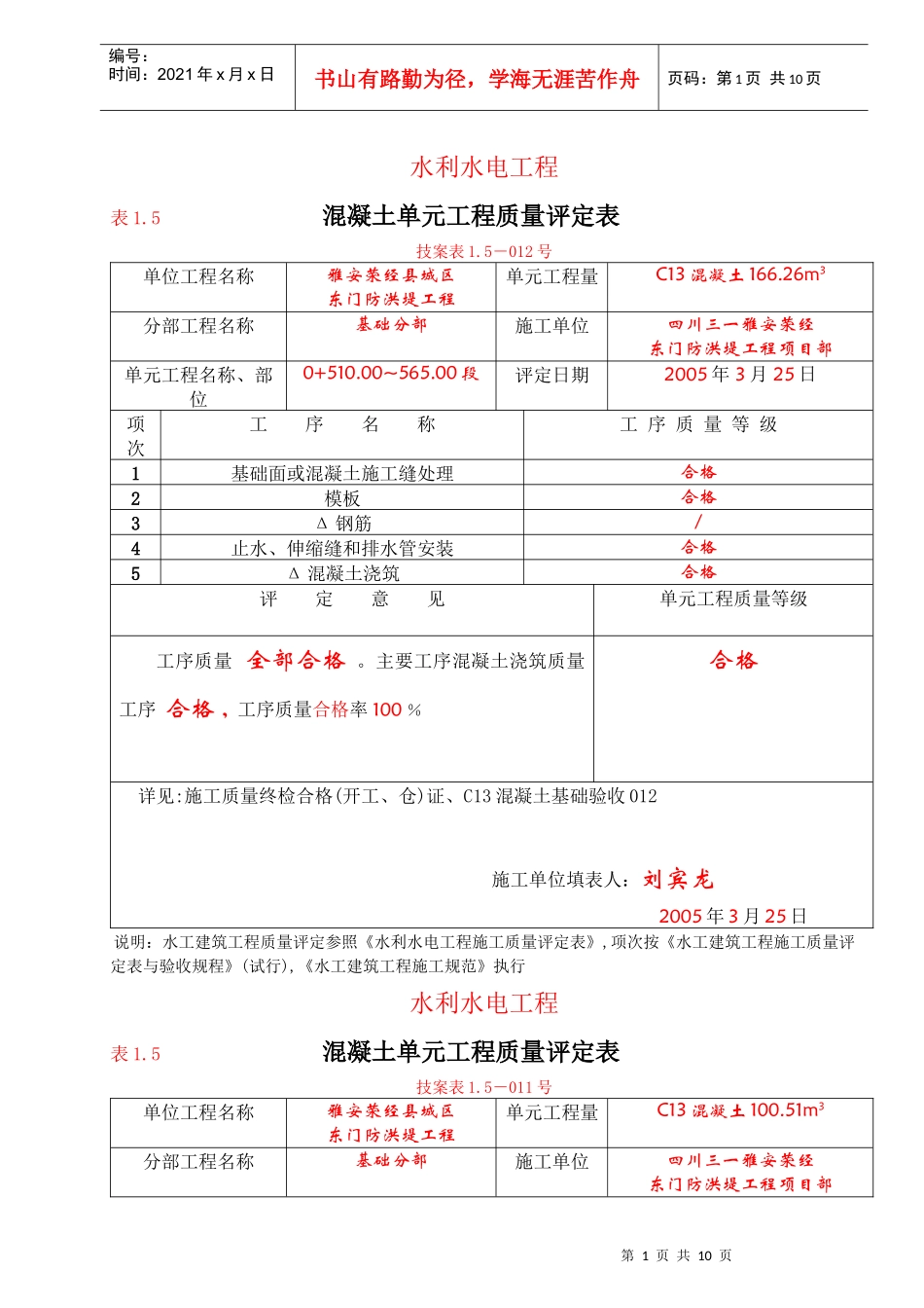 1-5混凝土单元质量评定表_第1页