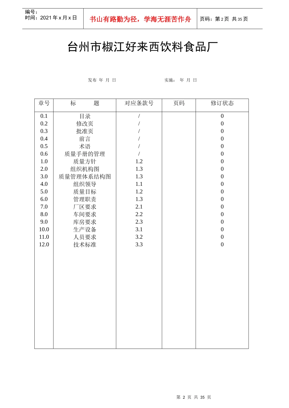[质量手册]台州市椒江好来西饮料食品厂质量手册（应用于QS认证）_第2页