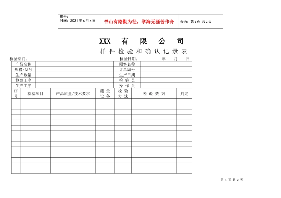 APQP样件检验和确认记录表_第1页
