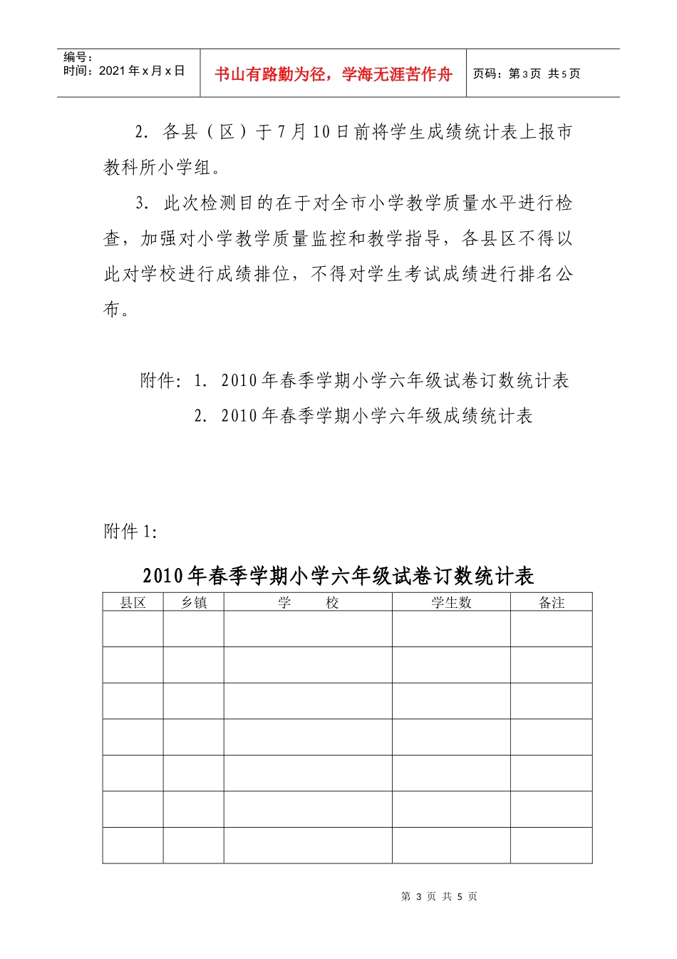 钦州市XXXX年小学六年级教学质量检测方案_第3页