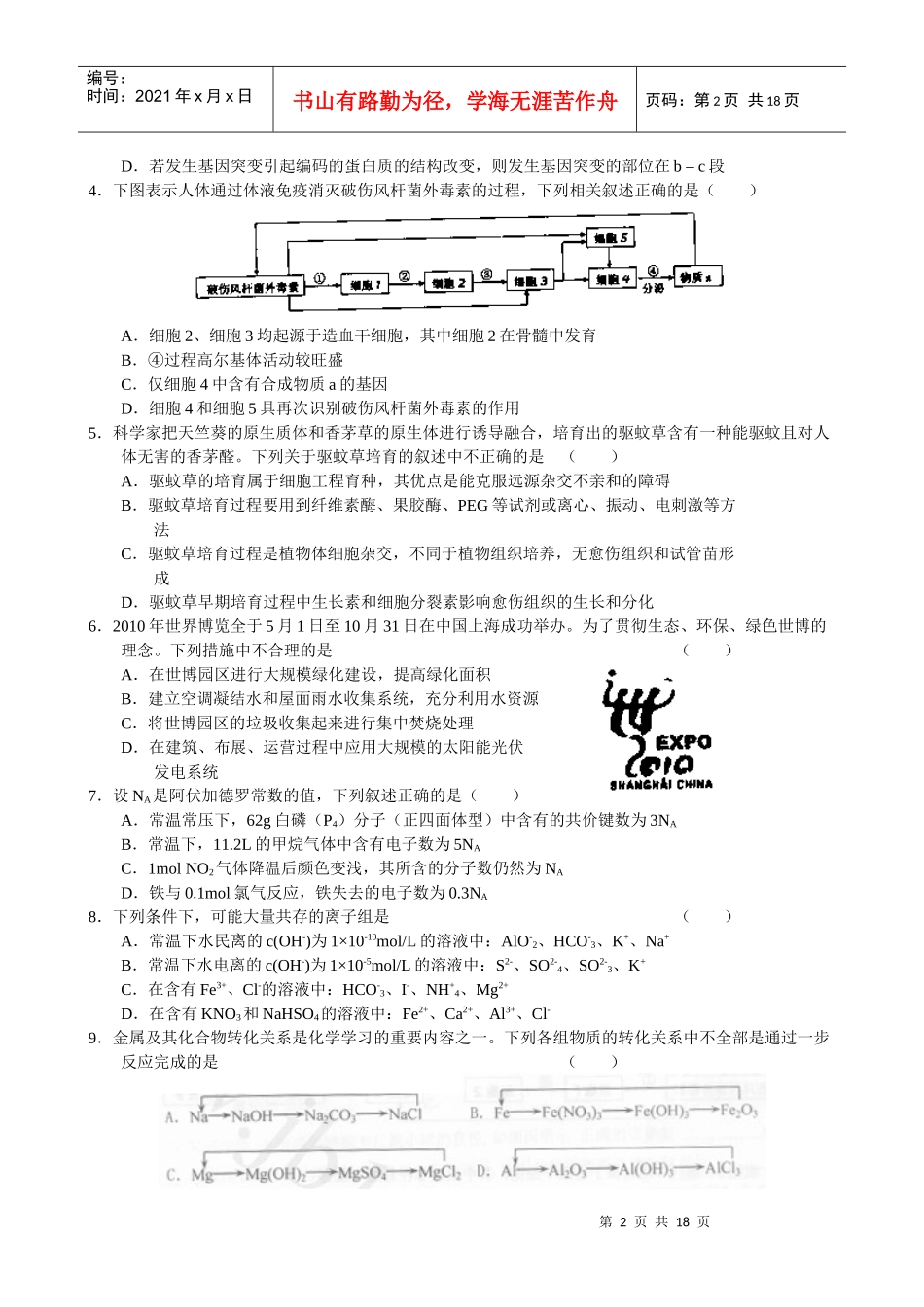 河北省衡水市XXXX高三教学质量监测考试试题--理综_第2页