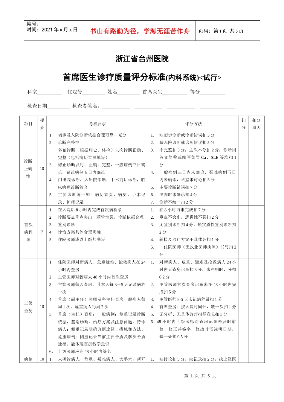 外科系统首席医生病历质量评分表_第1页