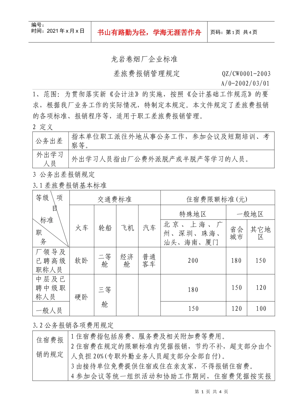 【企业管理】龙岩卷烟厂差旅费报销管理规定(iso)_第1页