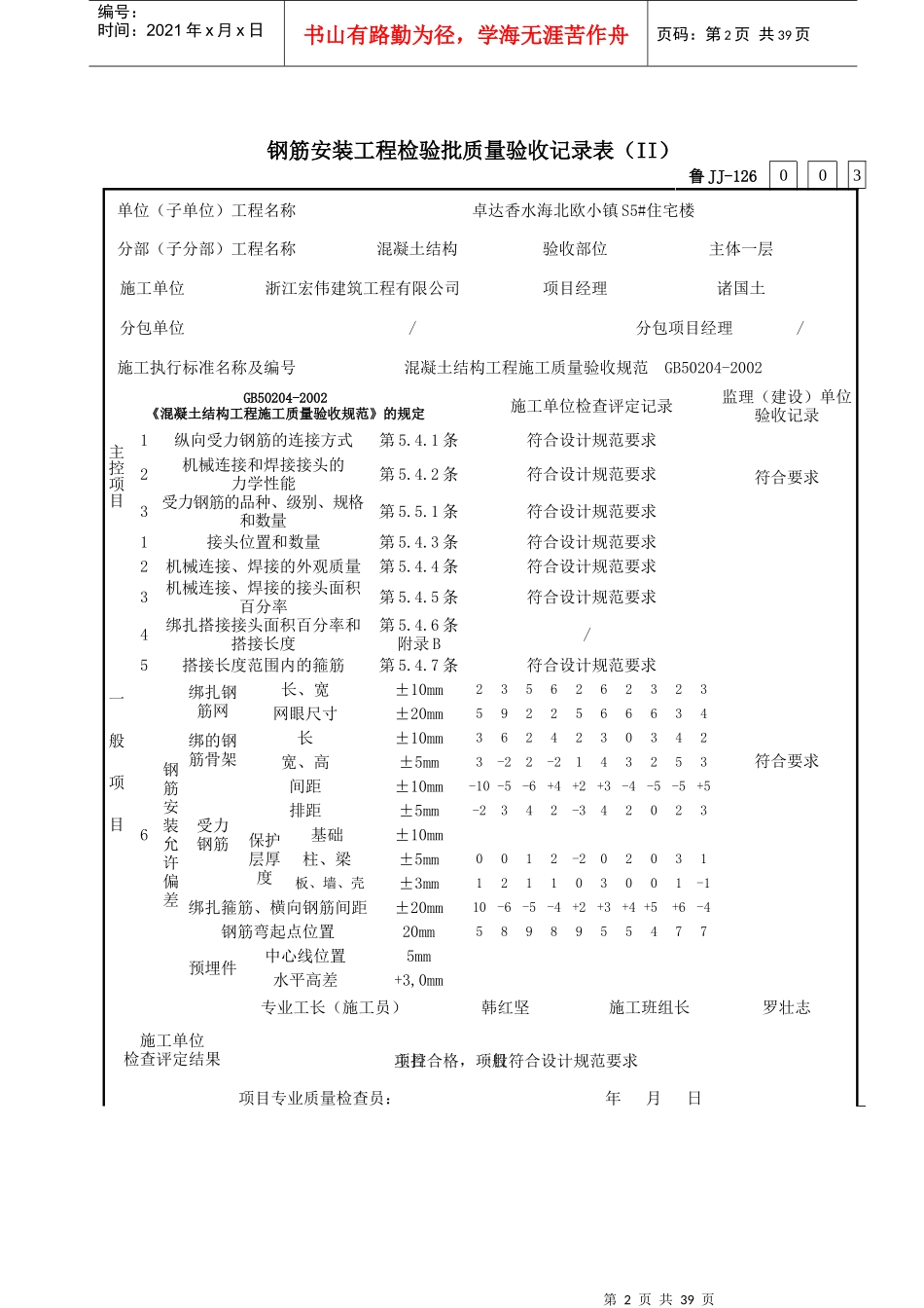 鲁JJ-126钢筋安装工程检验批质量验收记录表(11)_第2页