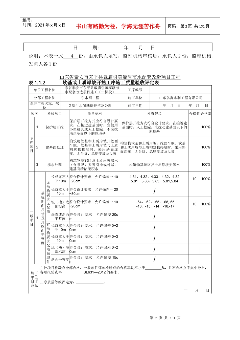 水利工程引水闸施工质量验收评定表全_第2页