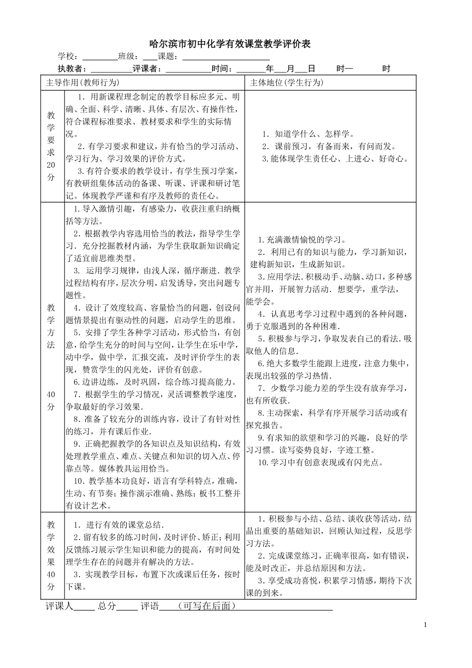 哈尔滨市初中化学评价表_第1页