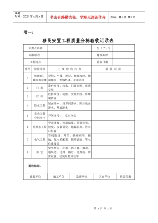 移民安置工程质量分栋验收记录表doc-南水北调工程征地移