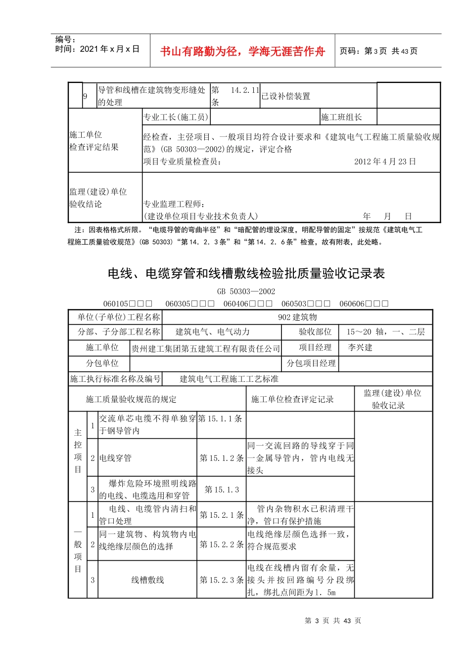 电缆桥架安装和桥架内电缆敷设检验批质量验收记录表1_第3页