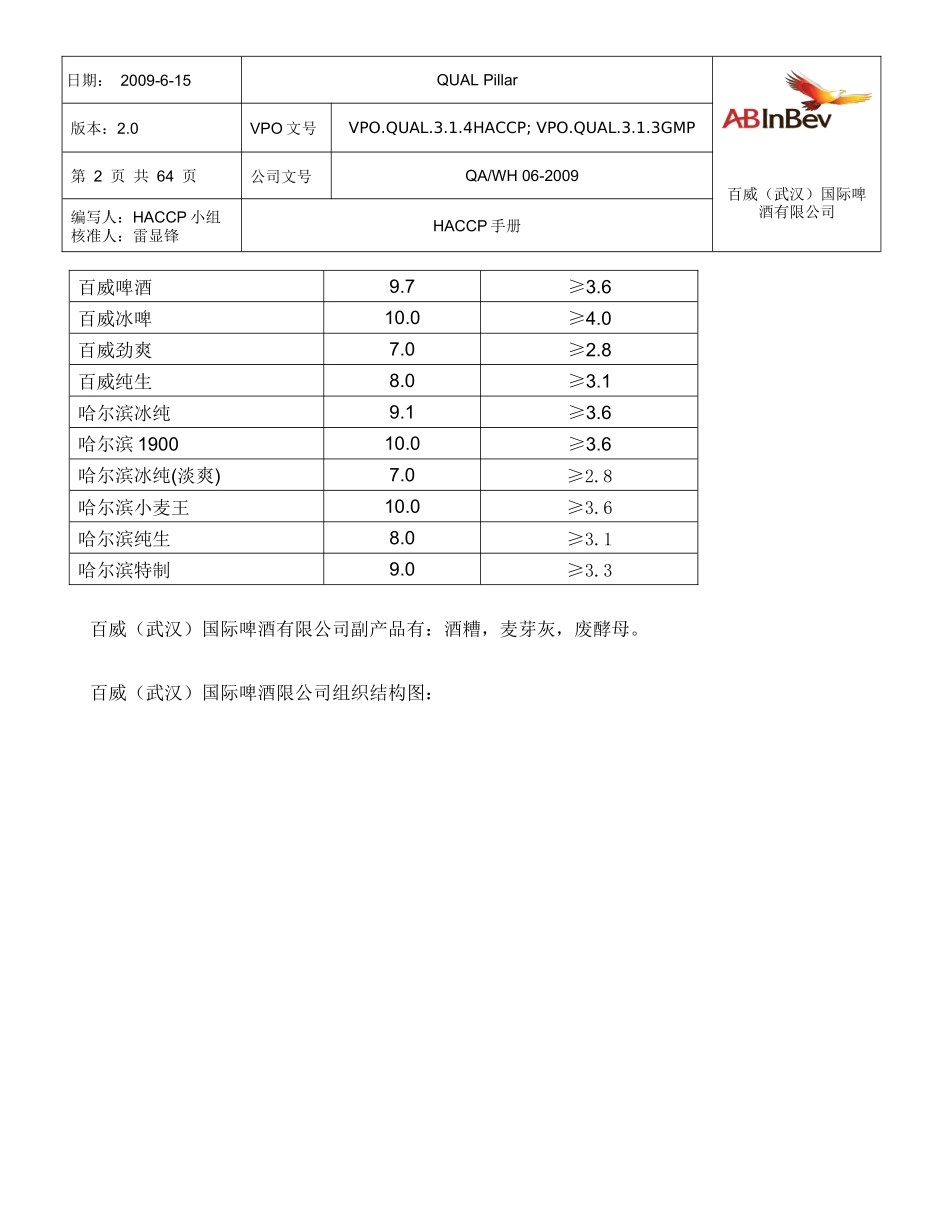 啤酒生产HACCP手册_第2页